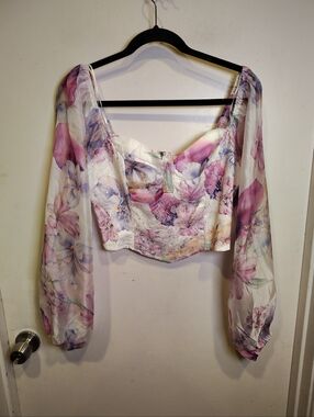 A Peach BWT Floral Lace Chiffon Cropped Corset Top Sz M Coquette Girl Romantic